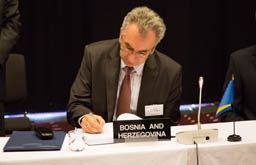 Mirko Šarović, Minister of Foreign Trade and Economic Relations, Bosnia and Herzegovina, signing the Free Trade Agreement. Mirko Šarović, Minister of Foreign Trade and Economic Relations, Bosnia and Herzegovina, signing the Free Trade Agreement.