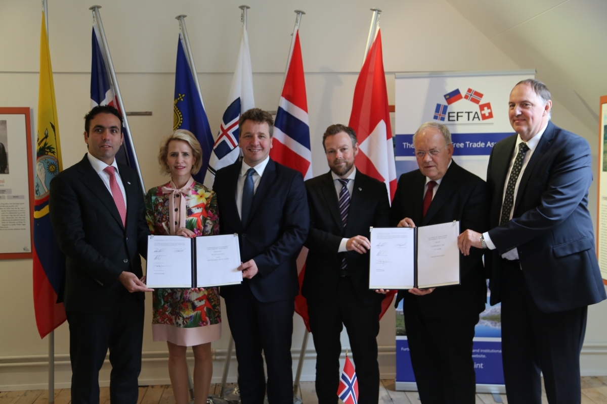 From the signing of the CEPA in 2018: Pablo Campana Sáenz, Minister for Foreign Trade, Ecuador; Aurelia Frick, Minister for Foreign Affairs, Liechtenstein; Guðlaugur Þór Þórðarson, (Chair) Minister for Foreign Affairs and External Trade, Iceland; Torbjørn Røe Isaksen, Minister of Trade and Industry, Norway; Johann N. Schneider-Ammann, Federal Councillor, Head of the Federal Department of Economic Affairs, Education and Research, Switzerland; Kristinn F. Árnason, Secretary-General, EFTA Secretari