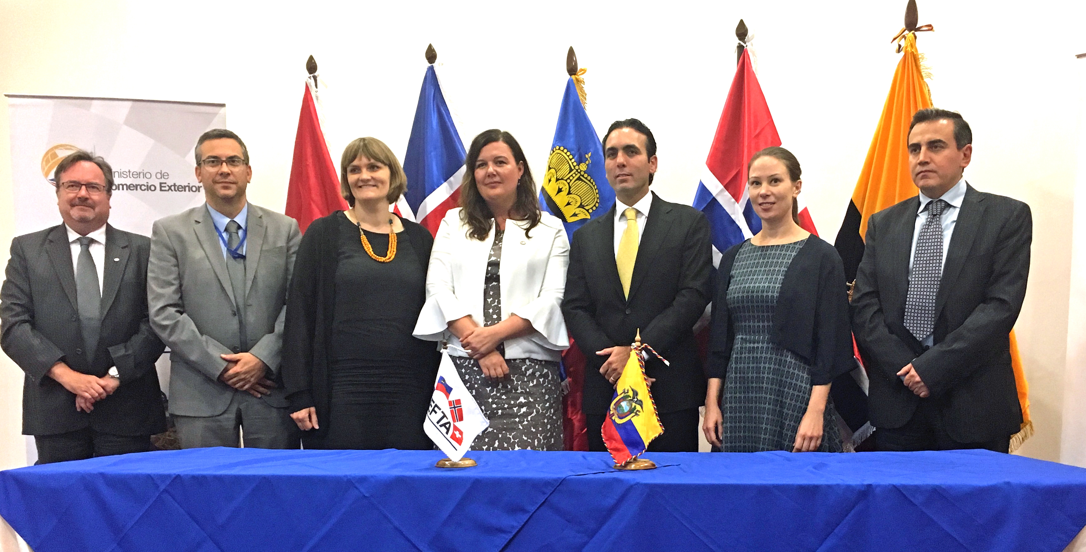 From left: Mr Martin Zbinden, Deputy Secretary-General, EFTA; Mr Pascal Schafhauser, Minister Counsellor, Liechtenstein; Ms Nína Björk Jónsdóttir, Minister-Counsellor, Iceland; Ms Karin Büchel, EFTA Spokesperson, Minister, Head of Free Trade Agreements / EFTA Division, Switzerland; Mr Pablo Campana Saenz, Minister of Foreign Trade, Ecuador; Ms Ragnhild Gunnes, Deputy Director, Norway; and Mr Rolando Suárez , Deputy Minister of Foreign Affairs, Political Integration and International Cooperation, Ecuador.