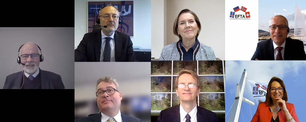 Clockwise from left: Dagfinn Sørli, Ambassador of Norway and Council Chair, Didier Chambovey, Ambassador of Switzerland, Hege Marie Hoff, EFTA Deputy Secretary-General, Henri Gétaz, EFTA Secretary-General, Krisztina Bende, EFTA Trade Relations Division Director,  Harald Aspelund, Ambassador of Iceland, and Peter Matt, Ambassador of Liechtenstein.