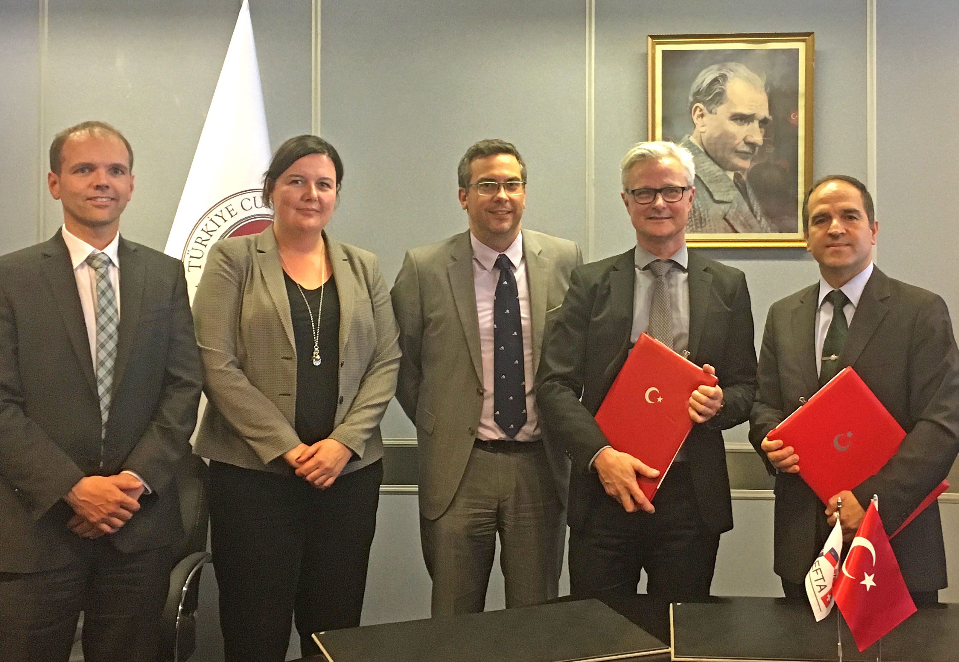 From left: Mr Thórdur Sigtryggsson, First Secretary from the Permanent Mission of Iceland in Geneva; Ms Karin Büchel, Minister, Head of the Free Trade Agreement/EFTA Division from the State Secretariat for Economic Affairs, Switzerland; Mr Pascal Schafhauser, Minister Counsellor, Deputy Permanent Representative of the Permanent Mission of Liechtenstein in Geneva; Mr Erik Andreas Underland, Chief Negotiator from the Norwegian Ministry of Trade, Industry and Fisheries; and Mr Murat Yapici, Director-General fo