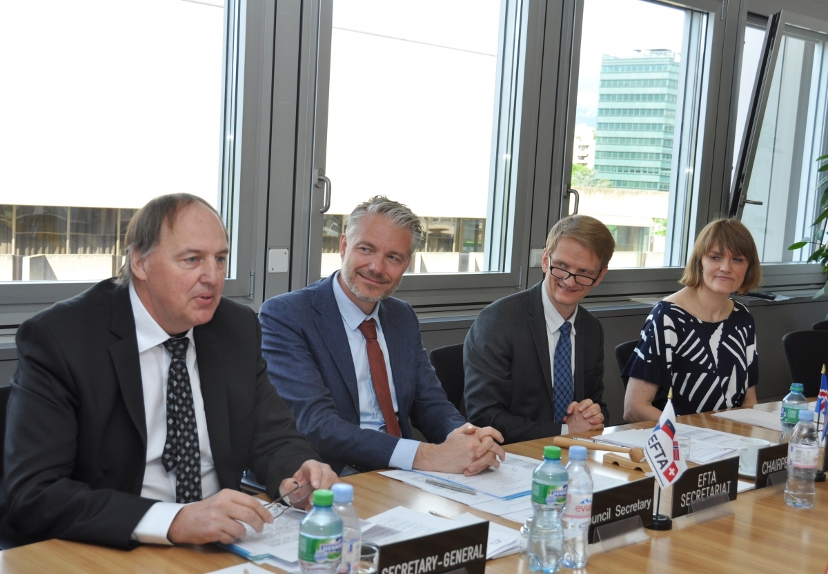 Secretary-General Kristinn F. Árnason and Secretary to the Council Adalsteinn Leifsson from EFTA with Ambassador Harald Aspelund who chaired the EFTA Council meeting in Geneva.