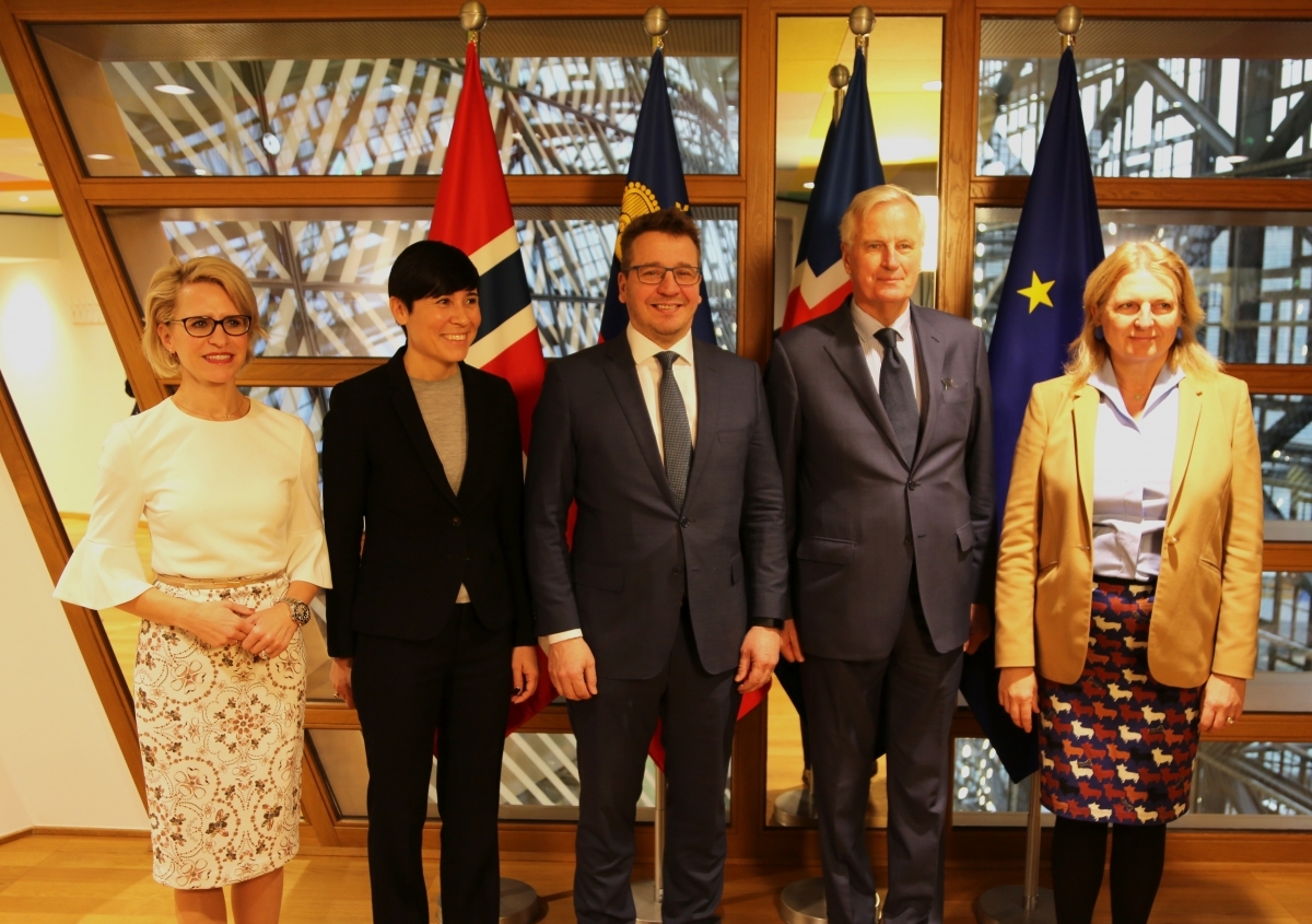 From left: Ms Aurelia Frick, Ms Ine Marie Eriksen Søreide, Mr Guðlaugur Þór Þórðarson, Mr Michel Barnier, Ms Karin Kneissl.