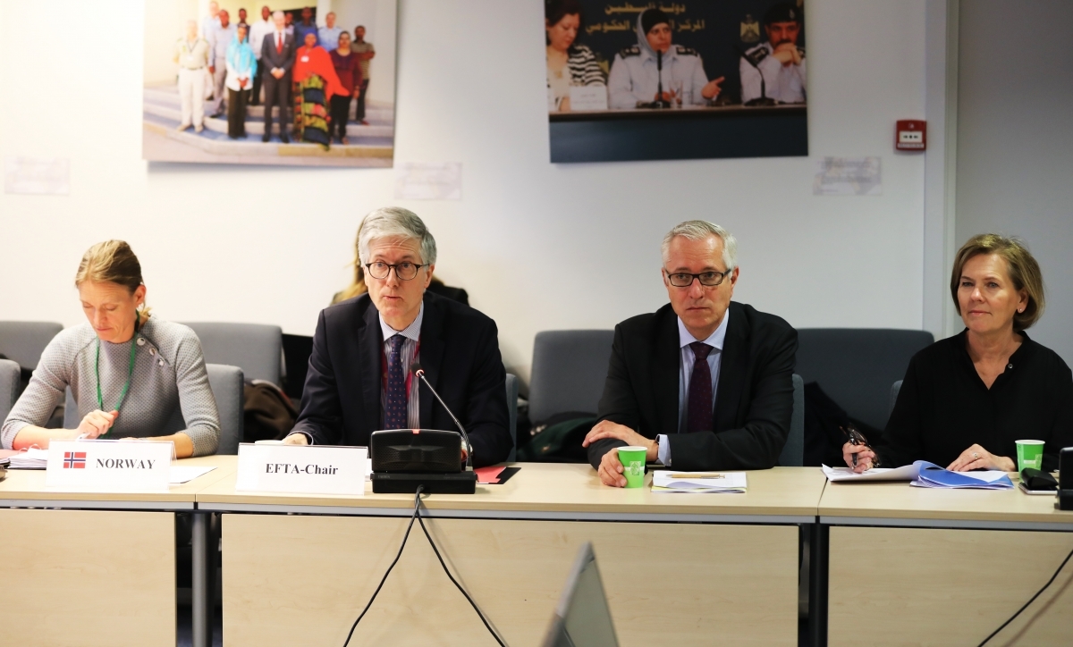 Norwegian Ambassador Rolf Einar Fife chaired on the EFTA side, here with Ingjerd Haugen first secretary (left), Henri Gétaz, EFTA Secretary-General, and Hege Marie Hoff, Deputy Secretary-General.