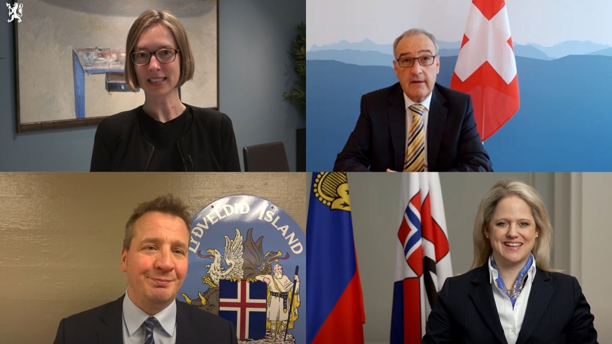 EFTA Ministers, clockwise from top left: Iselin Nybø (Norway) Guy Parmelin (Switzerland), Katrin Eggenberger (Liechtenstein), Guðlaugur Þór Þórðarson (Iceland). 