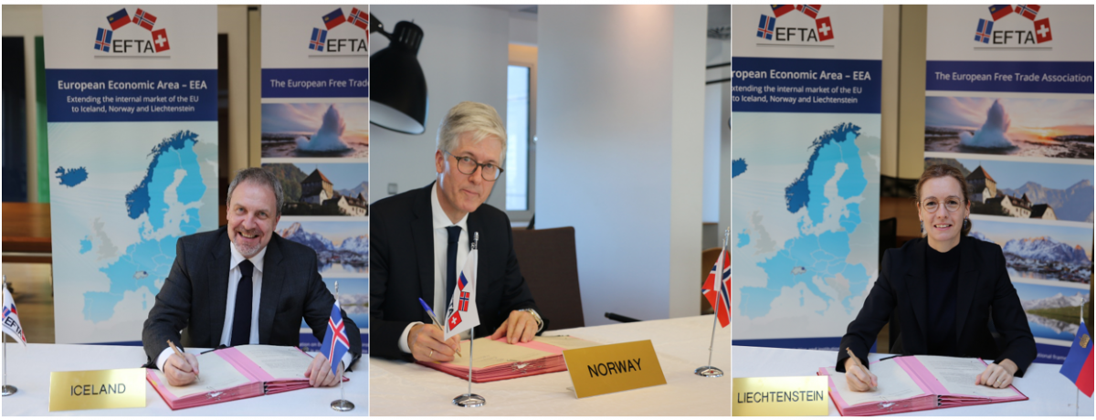 The three ambassadors signed separately in Brussels, from left: Kristján Andri Stefánsson (Iceland), Rolf Einar Fife (Norway), Sabine Monauni (Liechtenstein).