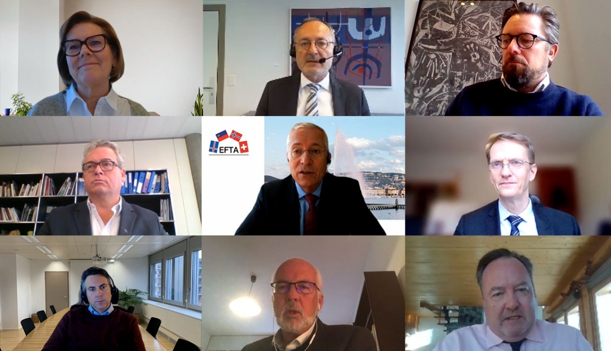 Top row, from left: Hege Marie Hoff, EFTA Deputy Secretary-General, Didier Chambovey, Ambassador of Switzerland and Council Chair, Andri Lúthersson, EFTA Deputy Secretary-General. Mid row: Peter Matt, Ambassador of Liechtenstein, Henri Gétaz, EFTA Secretary-General, Harald Aspelund, Ambassador of Iceland. Low row: Pascal Schafhauser, EFTA Deputy Secretary-General, Dagfinn Sørli, Ambassador of Norway, Martin Zbinden, Deputy Head of Swiss mission.