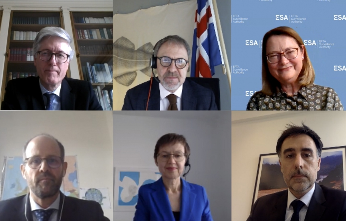 Top row, from left: Rolf Einar Fife, Ambassador of Norway, Kristján Andri Stefánsson, Ambassador of Iceland and Chair of the Standing Committee, Bente Angell-Hansen, President of ESA. Below row: Gilles Roduit, Deputy Head of the Swiss Mission, Brigitte Haas, Chairing the meeting on behalf of the Consultative Committee, Stefan Barriga, Deputy Head of Liechtenstein’s Mission.