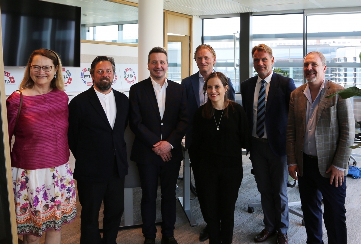 From left: ESA President Bente Angell-Hansen; EFTA Deputy Secretary-General Andri Lúthersson; Foreign Minister Guðlaugur Þór Þórðarson; EFTA Head of Communications Thorfinnur Omarsson; Prime Minister Katrín Jakobsdóttir; FMO Deputy Managing Director Árni Páll Árnason; Ambassador Kristján Andri Stefánsson. From left: ESA President Bente Angell-Hansen; EFTA Deputy Secretary-General Andri Lúthersson; Foreign Minister Guðlaugur Þór Þórðarson; EFTA Head of Communications Thorfinnur Omarsson; Prime Minister Katrín Jakobsdóttir; FMO Deputy Managing Director Árni Páll Árnason; Ambassador Kristján Andri Stefánsson.