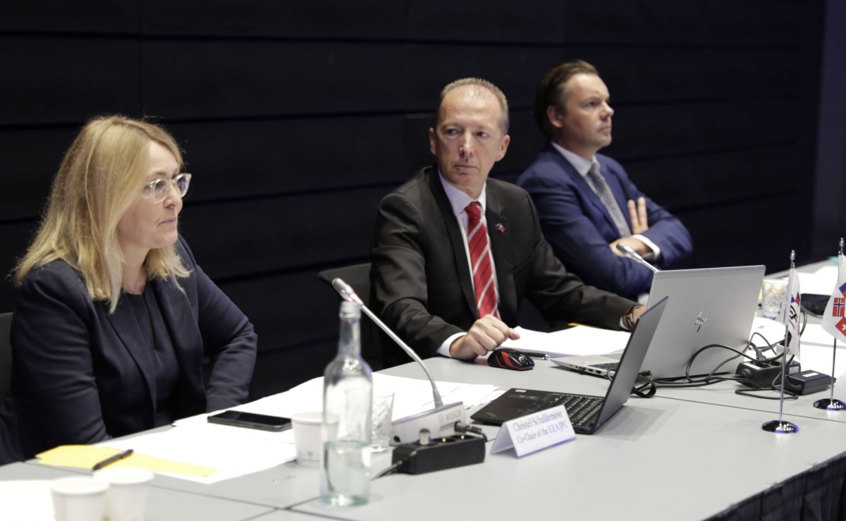 From left: Co-chairs Christel Schaldemose and Günter Vogt, Christophe Zufferey, EFTA Secretariat.