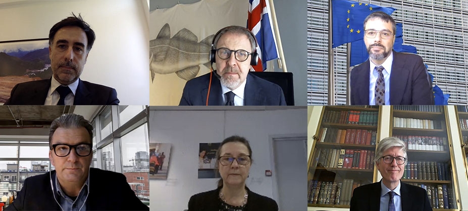 From left to right, top row: Stefan Barriga, Deputy Head of Liechtenstein’s Mission, Chair Kristján Andri Stefánsson, Head of Iceland's Mission to the EU, Corneliu Hoedlmayr, Member of the European Commission’s Legal Service. Lower row: Frederic Michiels, Deputy Head EU DG Trade, Clara Ganslandt, Head of Western Division at the EEAS and EU Chair in the Joint Committee, and Rolf Einar Fife, Head of Norway's Mission to the EU.