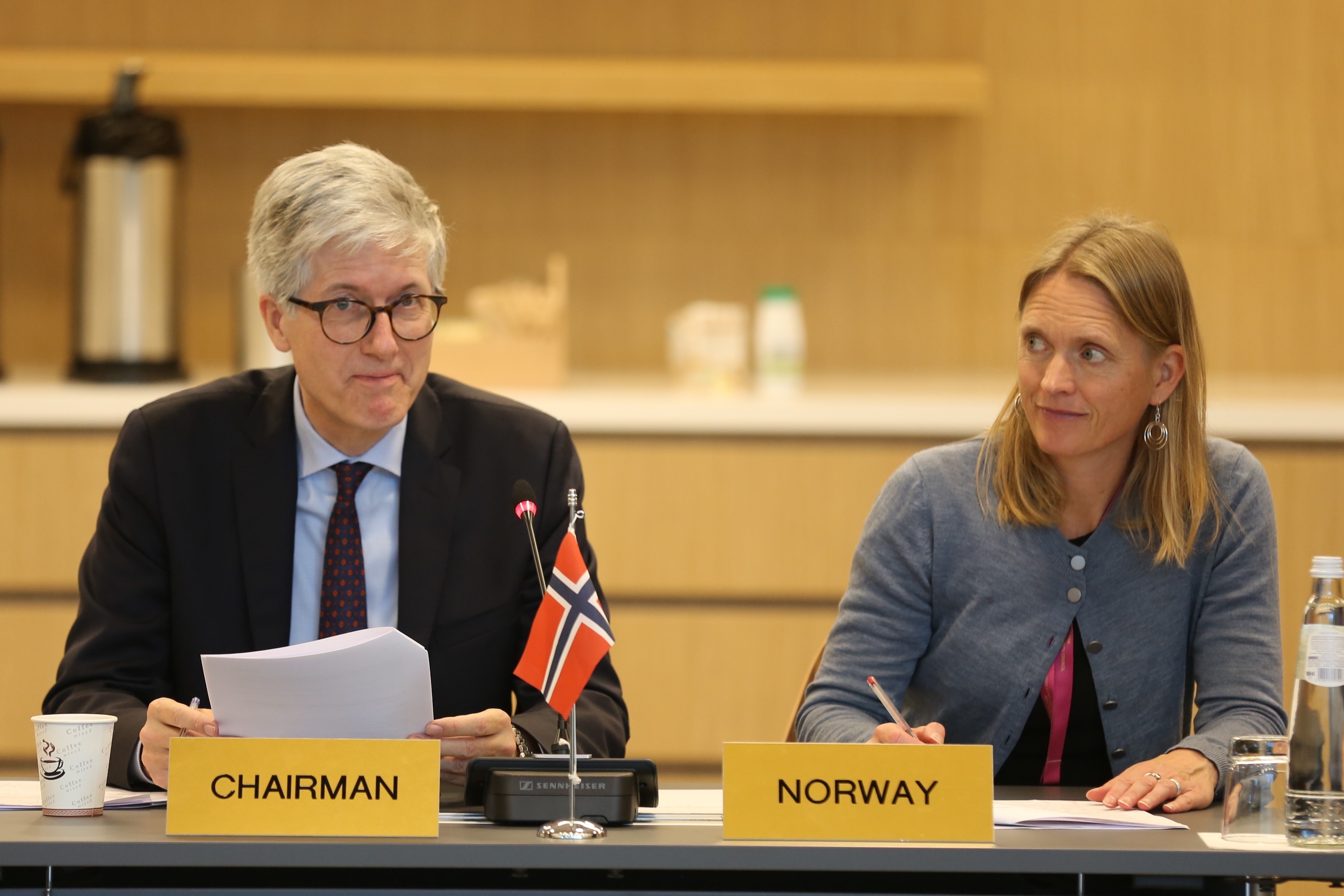 President of the EEA Joint Committee and Ambassador of Norway, Rolf Einar Fife,  and  first secretary at the Norwegian Mission to the EU, Ingjerd Haugen.