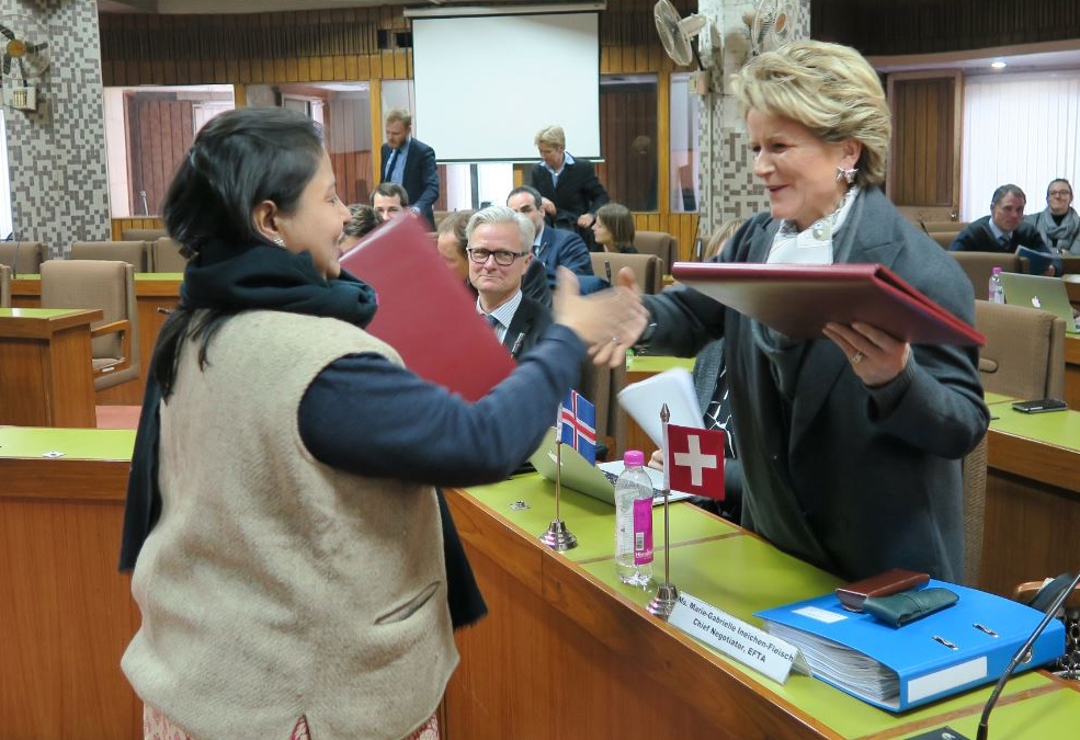 State Secretary Marie-Gabrielle Ineichen-Fleisch from Switzerland (on the right) and Anita Praveen, Joint Secretary in the Department of Commerce, New Delhi (on the left)