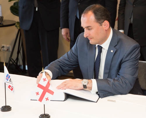 Mr Dimitry Kumsishvili, First Vice Prime Minister, Minister of Economy and Sustainable Development, signs the FTA on behalf of Georgia. Mr Dimitry Kumsishvili, First Vice Prime Minister, Minister of Economy and Sustainable Development, signs the FTA on behalf of Georgia.